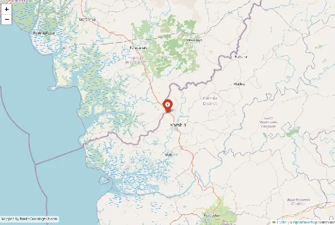 Close-up map showing a border crossing point with marker at the selected land port of entry between Guinea and Sierra Leone