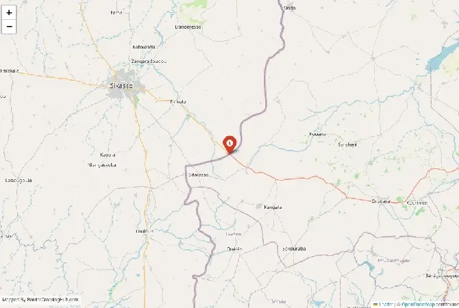 Close-up map showing a border crossing point with marker at the selected land port of entry between Burkina Faso and Mali