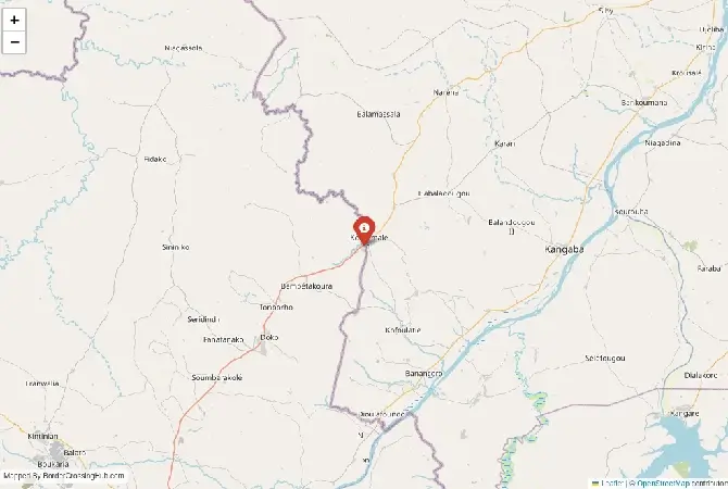 Close-up map showing a border crossing point with marker at the selected land port of entry between Mali and Guinea