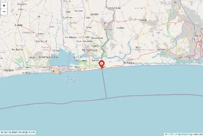 Close-up map showing a border crossing point with marker at the selected land port of entry between Nigeria and Benin
