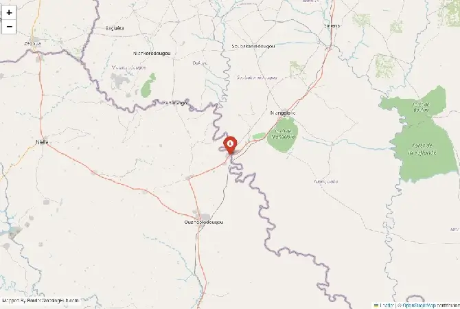 Close-up map showing a border crossing point with marker at the selected land port of entry between Burkina Faso and Ivory Coast