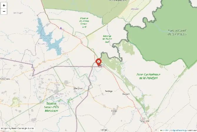 Close-up map showing a border crossing point with marker at the selected land port of entry between Benin and Burkina Faso