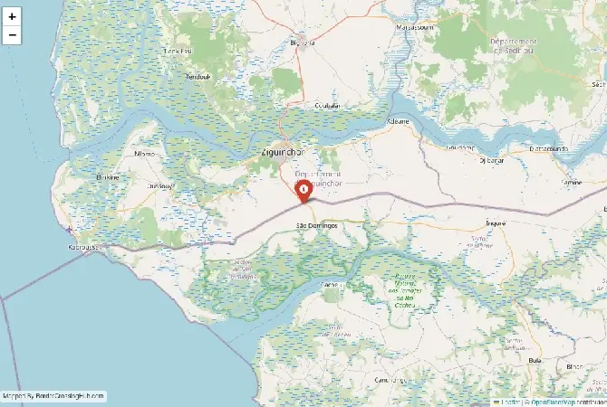 Close-up map showing a border crossing point with marker at the selected land port of entry between Senegal and Guinea-Bissau