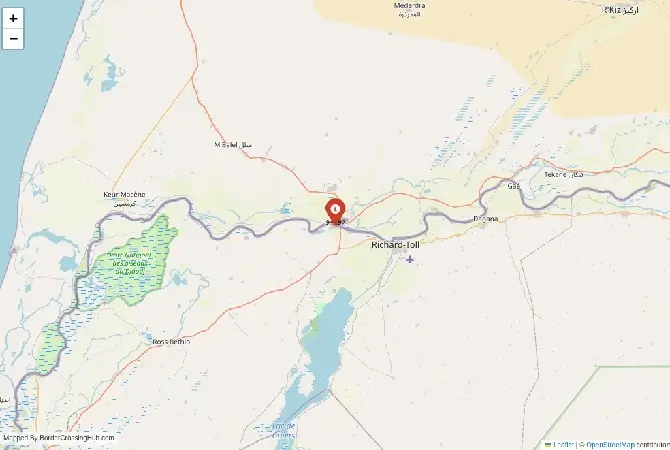 Close-up map showing a border crossing point with marker at the selected land port of entry between Senegal and Mauritania