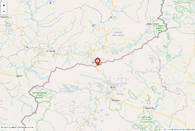 Close-up map showing a border crossing point with marker at the selected land port of entry between Lesotho and South Africa