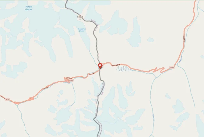 Close-up map showing a border crossing point with marker at the selected land port of entry between Pakistan and China