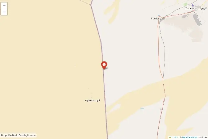Close-up map showing a border crossing point with marker at the selected land port of entry between Mauritania and Algeria