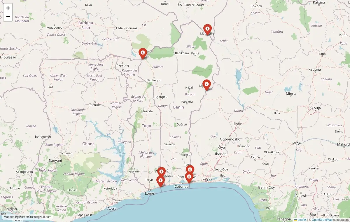 Map preview of border crossings in Benin