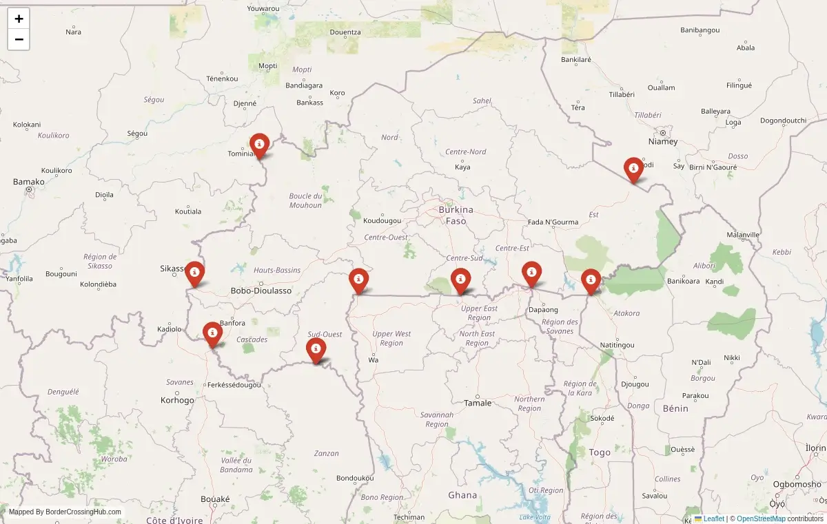 Map preview of border crossings in Burkina Faso