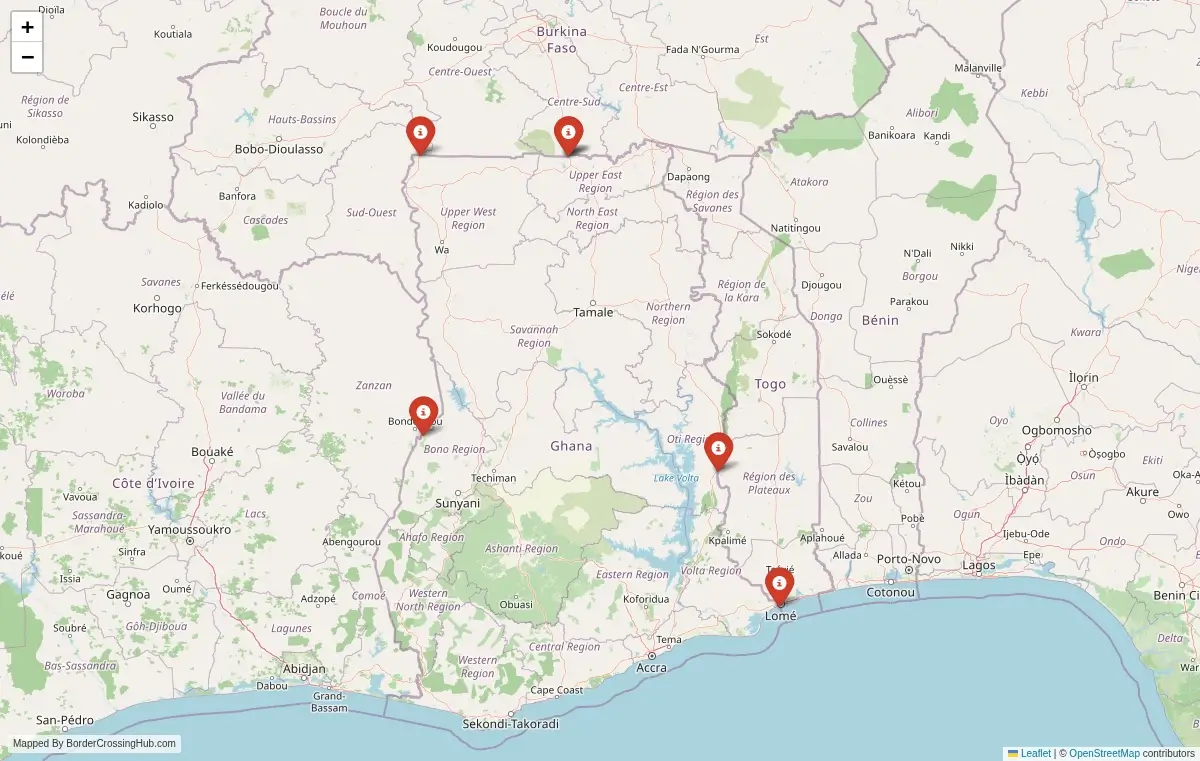Map preview of border crossings in Ghana