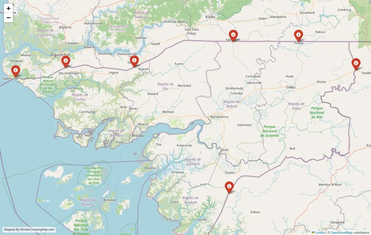 Map preview of border crossings in Guinea-Bissau