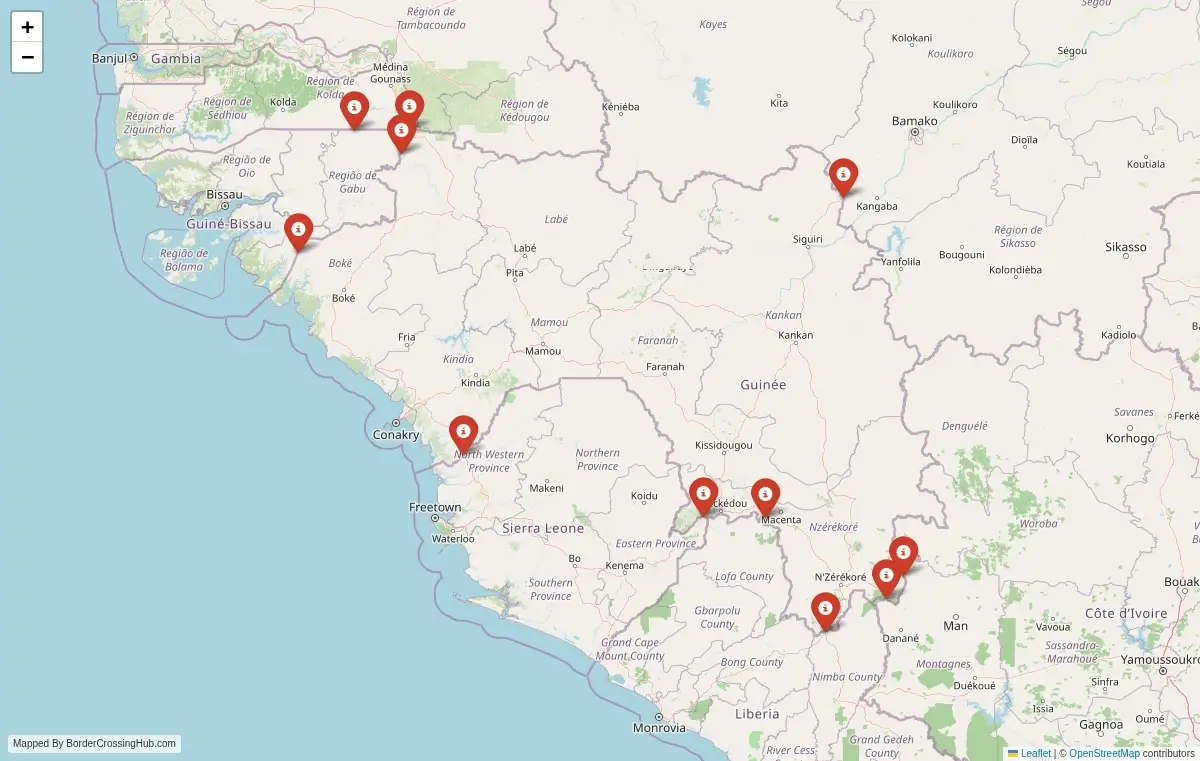 Map preview of border crossings in Guinea