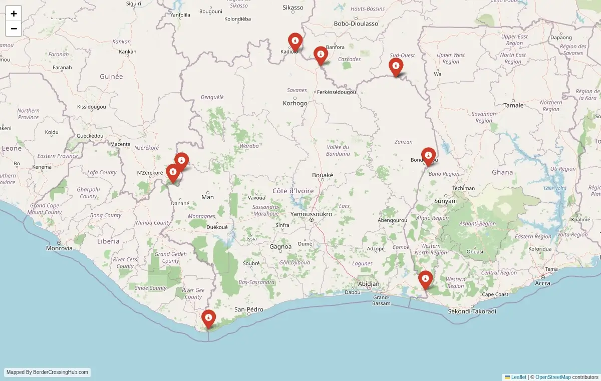 Map preview of border crossings in Ivory Coast