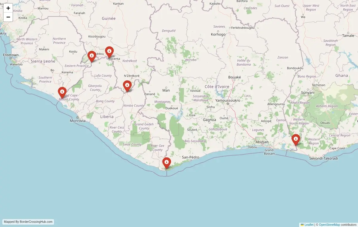 Map preview of border crossings in Liberia