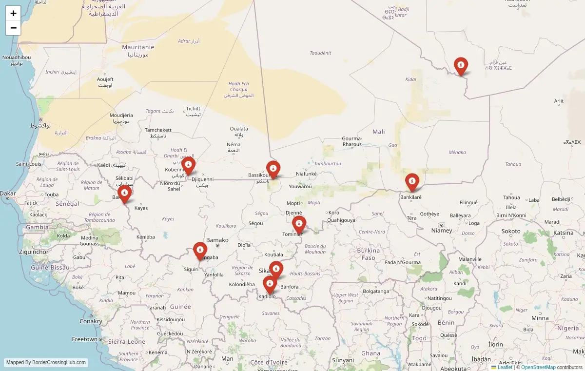 Map preview of border crossings in Mali