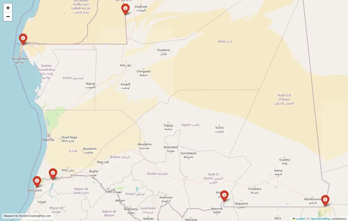Map preview of border crossings in Mauritania