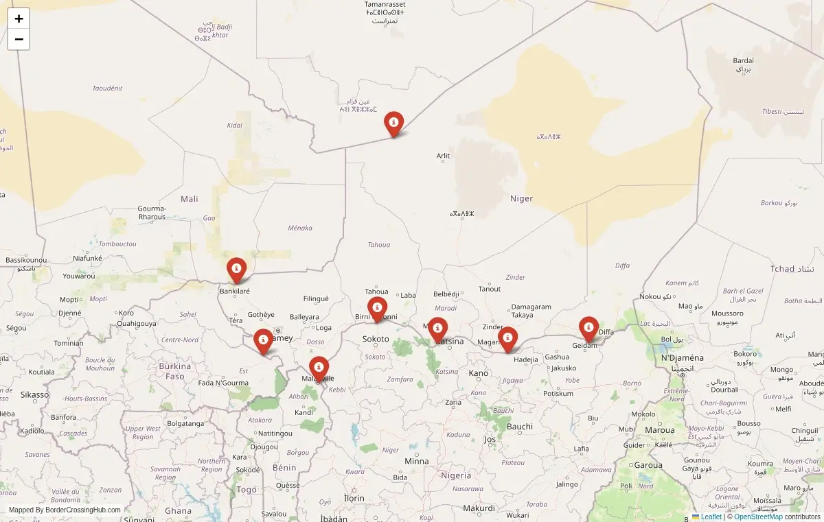 Map preview of border crossings in Niger