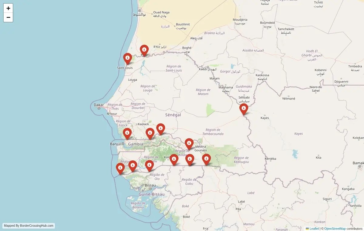 Map preview of border crossings in Senegal