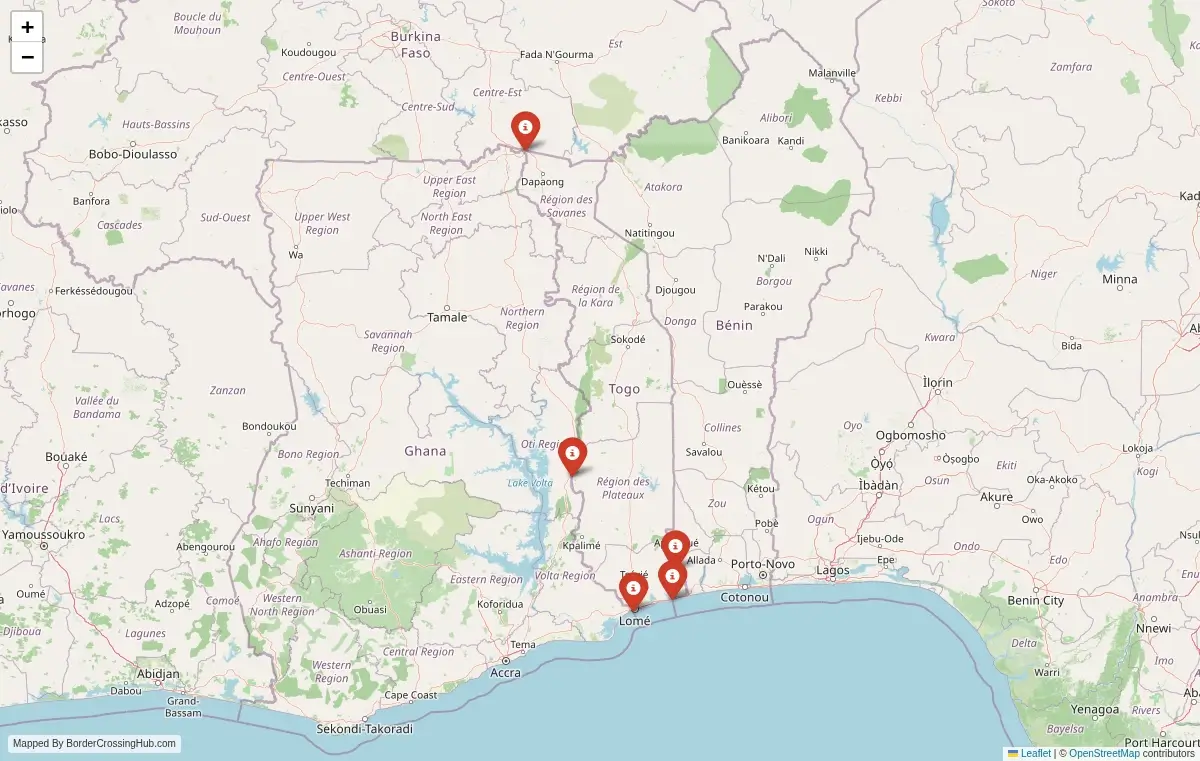 Map preview of border crossings in Togo