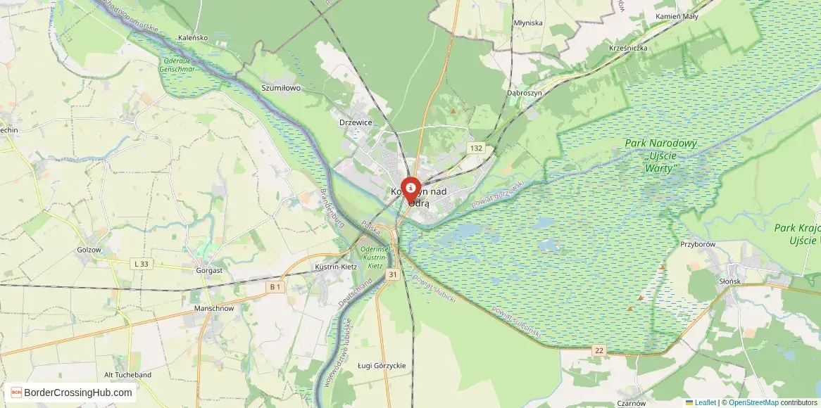 Map of the Kostrzyn nad Odrą – Küstrin‑Kietz crossing