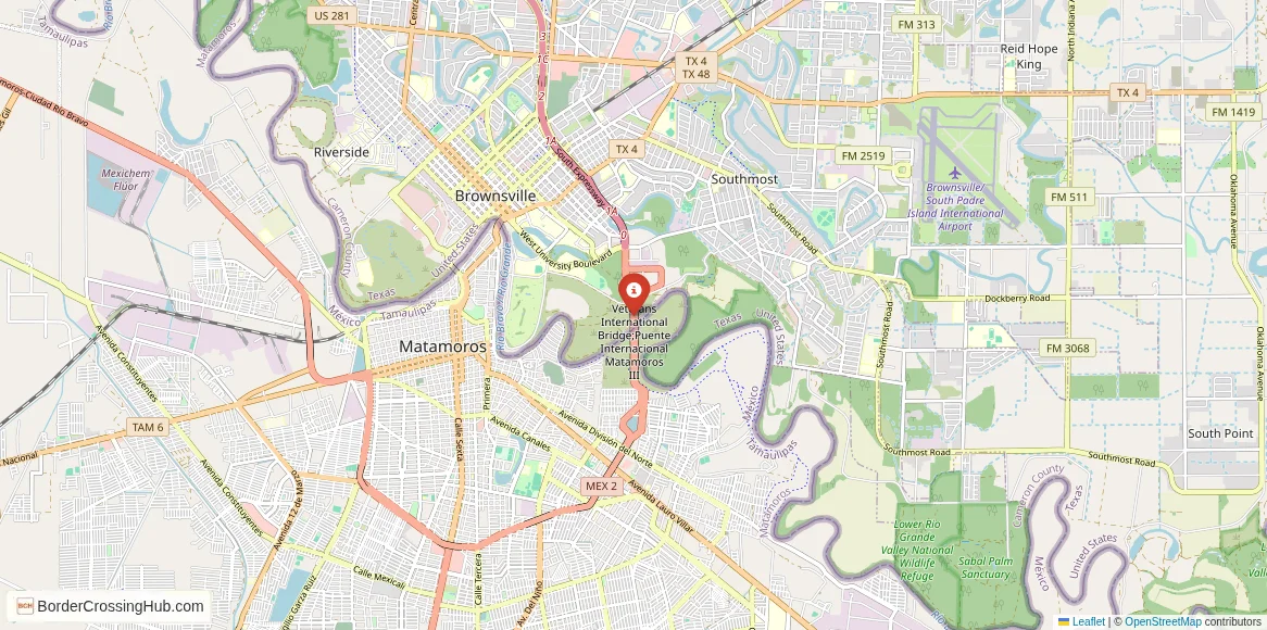 Map of the Brownsville, Texas – Matamoros, Tamaulipas (Veterans Bridge) crossing